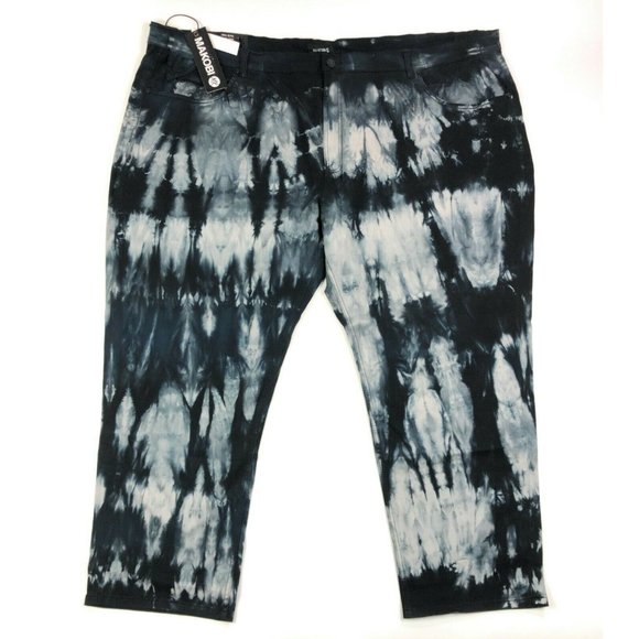 Makobi Mens 58x32 Black Acid Wash Tie Dye Straight Leg Casual Pants Flap Pockets - Picture 1 of 12
